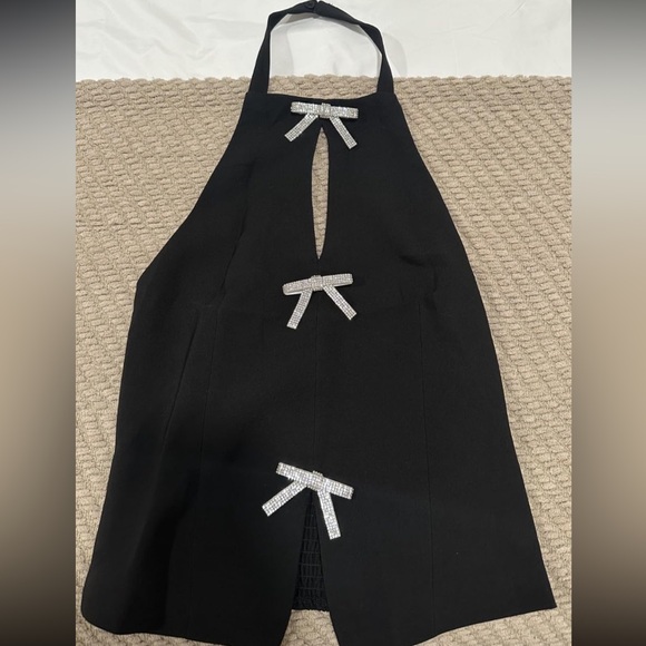 NWOT Black Halter Top Rhinestone Bow Detail Keyhole Going Out Top Size [S/M/L] - Picture 6 of 9